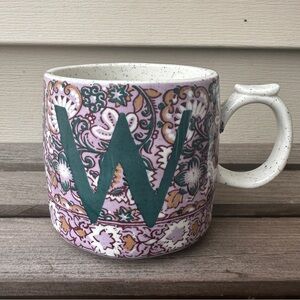 Anthropologie Monogram Letter W ceramic coffee mug thumb rest floral